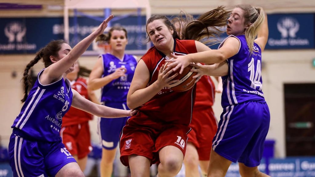 Glanmire’s Annaliese Murphy and Louise Scannell with Amy Murphy of Brunell in a National Cup semi-final at Neptune Stadium, Cork. Photograph: Tommy Dickson/Inpho