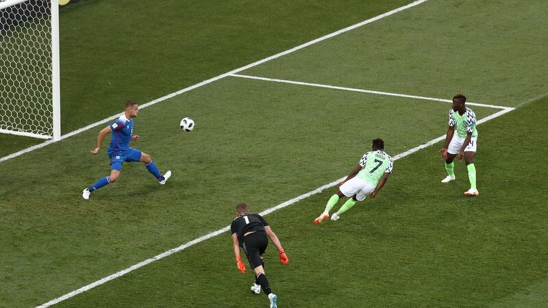 Ahmed Musa scores his and Nigeria’s second against Iceland. Photograph: Sergio Perez/Reuters