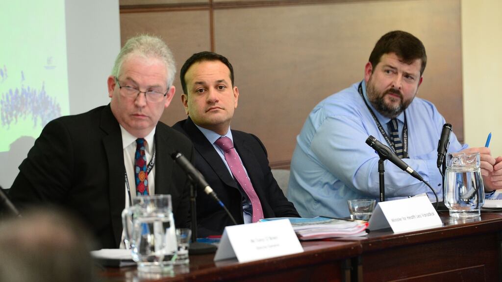Minister for Health Leo Varadkar (centre) with Stephen Mulvany, chief financial officer (right) with the HSE and and Tony O’Brien director general HSE (left) at the launch of the HSE’s plan for 2016. Photograph: Dara Mac Dónaill/The Irish Times
