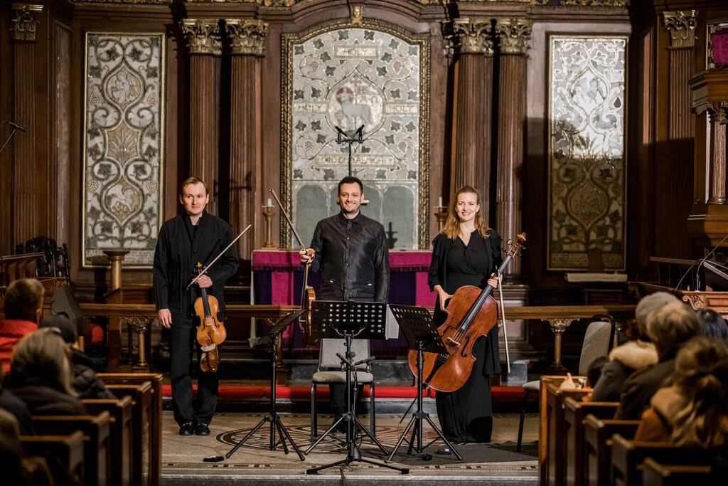 Nikita Boriso-Glebsky (violin), Maxim Rysanov (viola), Dáora Kokas (cello) at St Ann’s Church, Dawson Street, Dublin. Photograph: Robert Flanagan/Capture House Photography