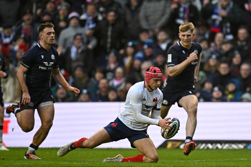 France wing Louis Bielle-Biarrey scores a try during the Six Nations match against Scotland at Murrayfield. Photograph: Paul Ellis//AFP via Getty Images