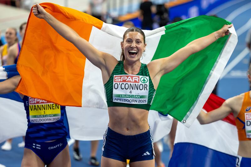 Kate O’Connor celebrates after the final event of the pentathlon at the Europeans two weeks ago. Photograph: Morgan Treacy/Inpho
