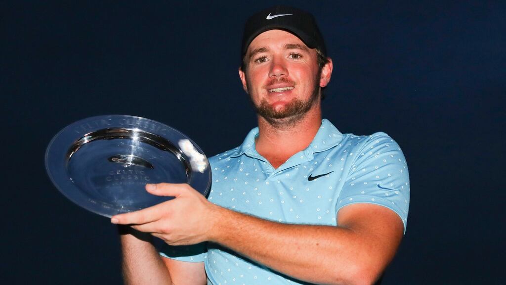 Sam Horsfield of England after winning the Celtic Classic at the Celtic Manor Resort. Photograph: Getty