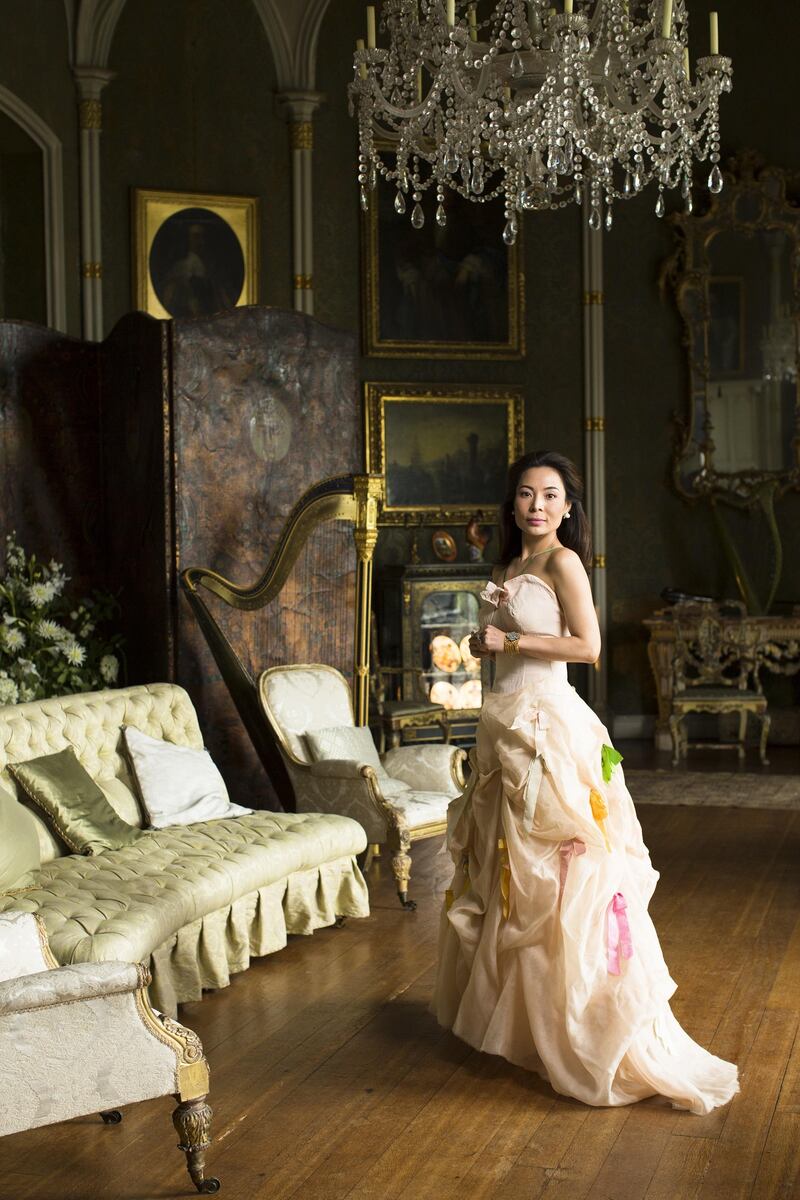 Anna Lady Oxmantown wearing the Ribbon Dress by Charles James made for the Countess of Rosse in 1939 for the Duchess of Marlborough’s ball at Blenheim Palace