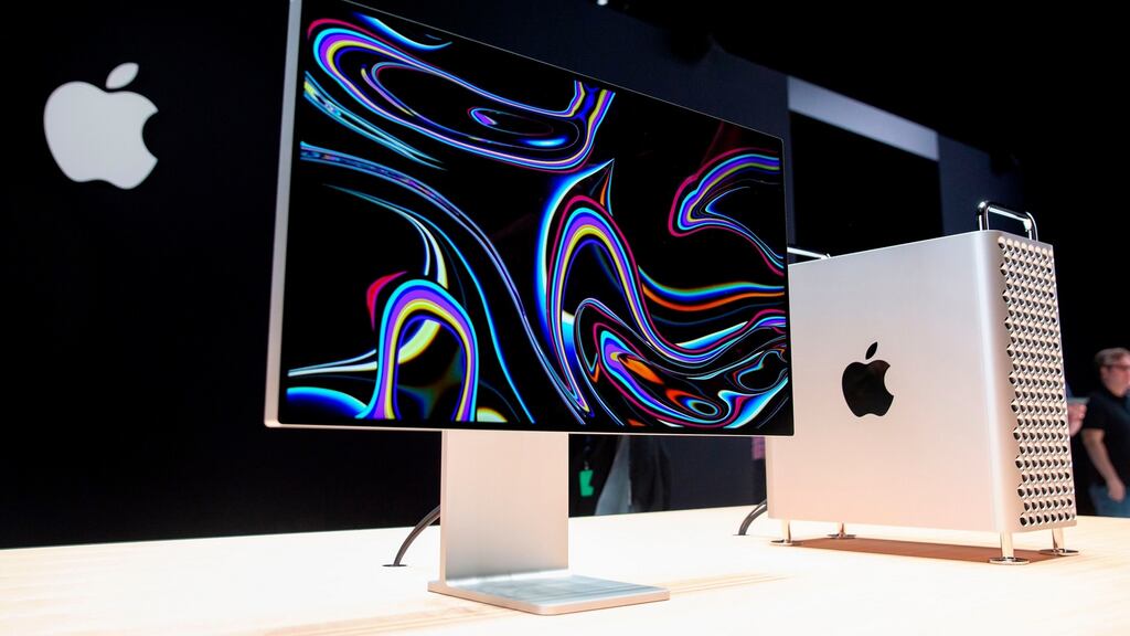 Apple’s Mac Pro sits on display in a showroom during its Worldwide Developer Conference in California in June 2019. On Monday, Apple sent out invitations to another online event, this one expected to star new Mac computers powered by chips of the tech giant’s own design. Photograph: BRITTANY HOSEA-SMALL/AFP via Getty Images