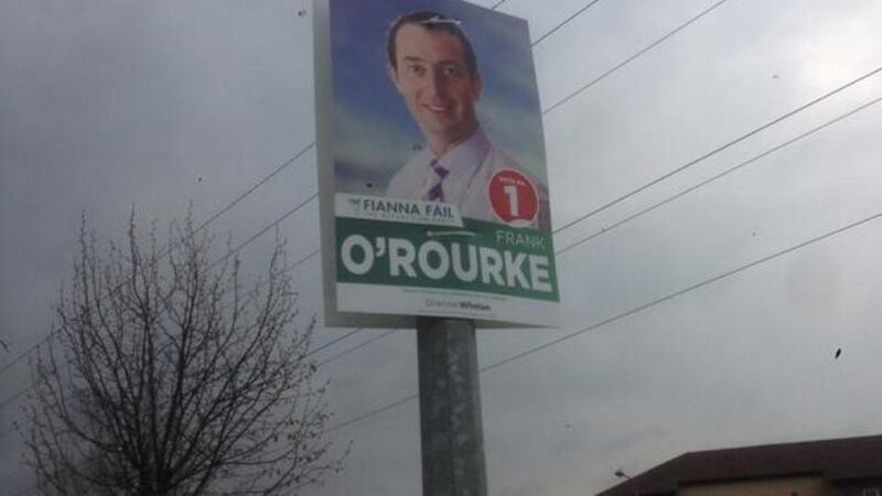 A poster for Fianna Fail candidate Frank O’Rourke is seen in Celbridge, Co Kildare, today.