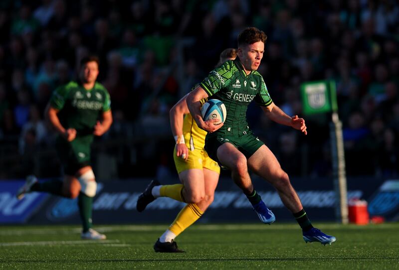 Connacht scrumhalf Matthew Devine breaks free to score a try during the BKT United Rugby Championship match against Zebre at Dexcom Stadium in Galway. Photograph: James Crombie/Inpho