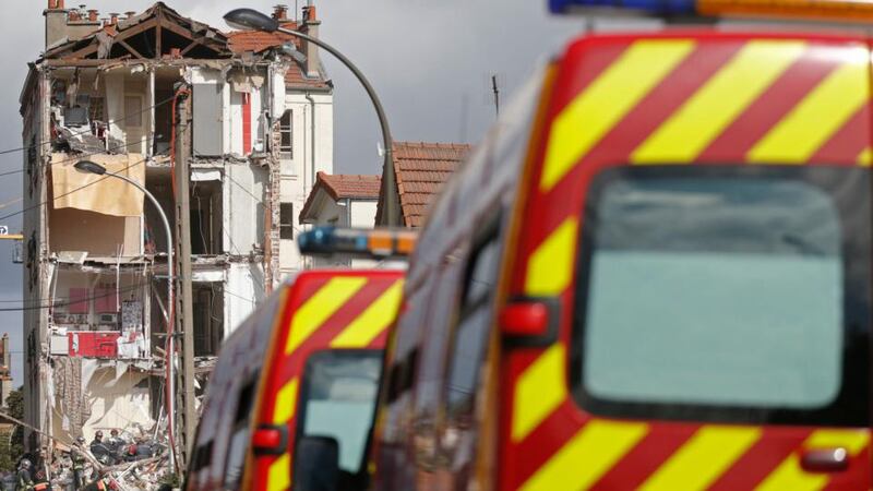 The scene in Rosy-Sous-Bois, Paris, where a building collapsed this morning. Photograph: Christian Hartmann/Reuters