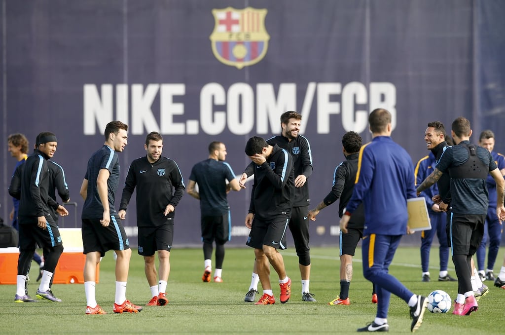 Barcelona’s players attend a training session at the Joan Gamper training camp, on the eve of their Champions League group soccer match against Bate Borisov. Photograph: Albert Gea/Reuters