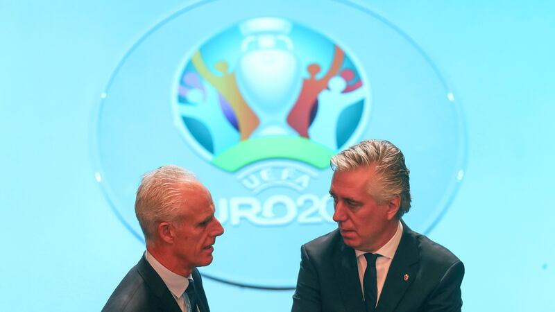 Mick McCarthy and John Delaney pictured at the draw for Euro 2020. Photograph: Tommy Dickson/Inpho