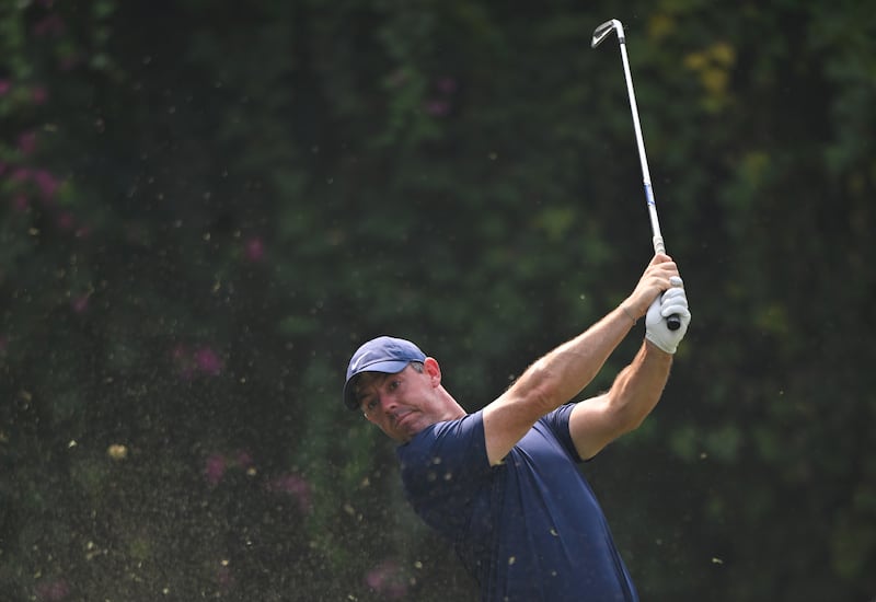 Rory McIlroy tees off on the 4th hole on day two of the DP World India Championship. Photograph: Prakash Singh/Getty Images