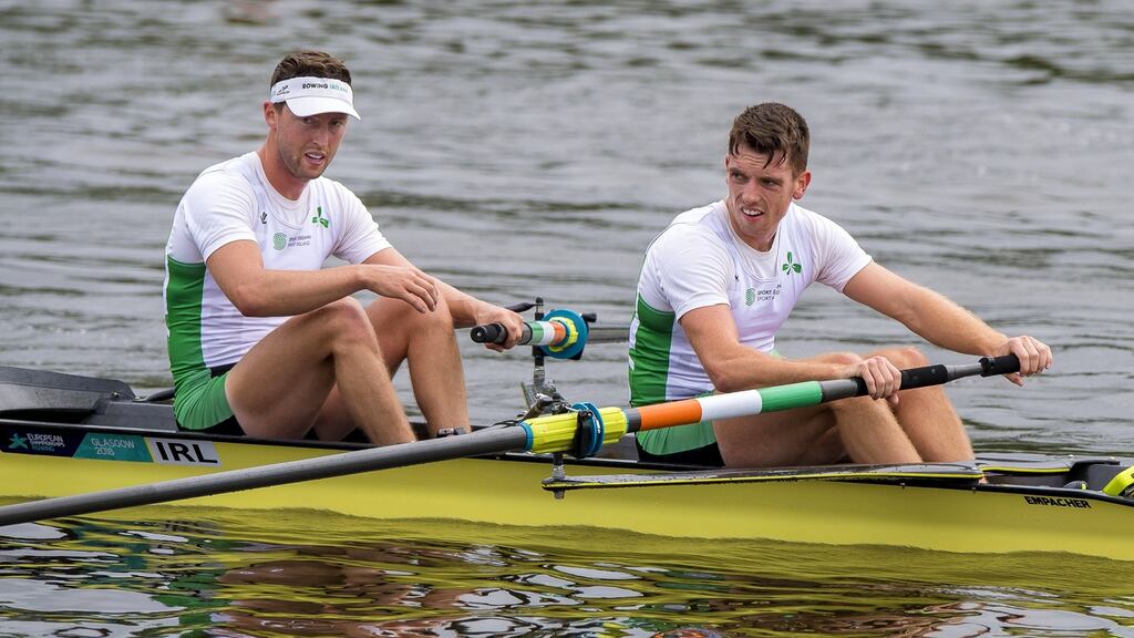 Shane O’Driscoll and Mark O’Donovan at the end of their pairs repechage during the European Rowing Championships in Glasgow. Photo: Inpho