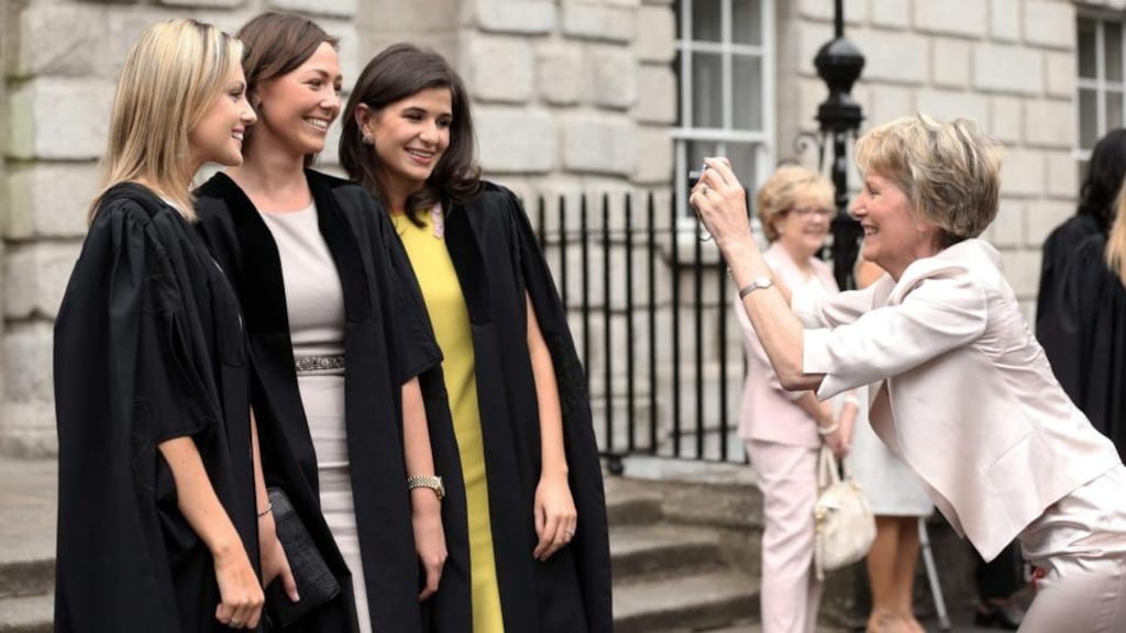 At the Law Society’s presentation of parchments at Blackhall Place, Dublin, yesterday were newly conferred solicitors Laura Gormley from Donnybrook, Dublin, Rosaleen Walsh from Limerick and Justine Hession from Dundalk. Photograph: Jason Clarke Photography