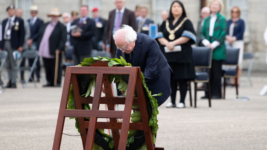 President Michael D Higgins laying a wreath during the National Day of Commemoration Ceremony  at Collins Barracks in Dublin. Photograph: Julien Behal/PA Wire