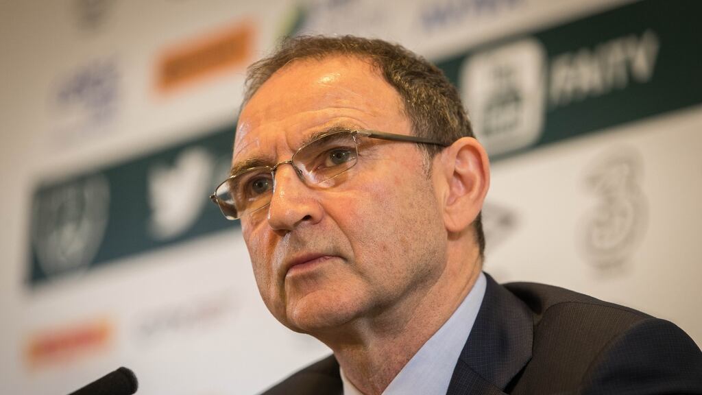 Martin O’Neill during the Republic Of Ireland press conference at Three HQ, Sir John Rogerson’s Quay, Dublin. Photograph: Ryan Byrne/Inpho