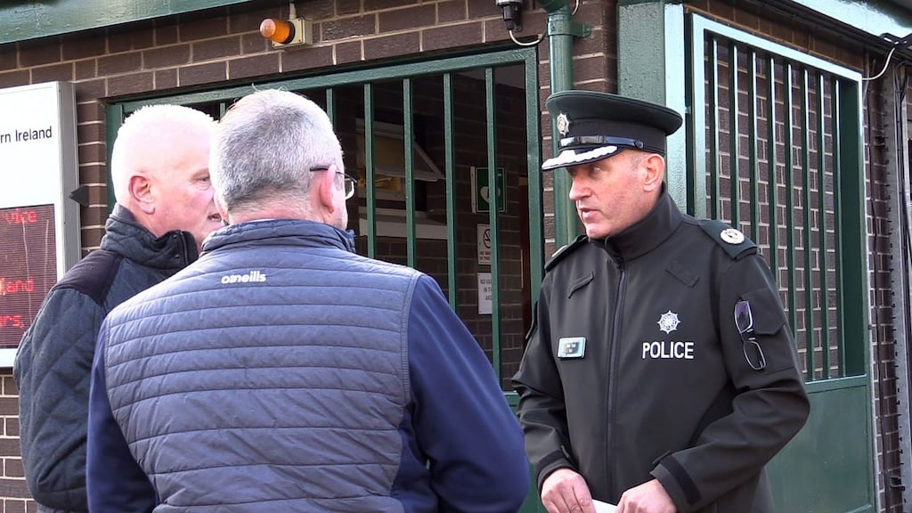 PSNI Assistant Chief Constable Alan Todd with campaigners and bereaved relatives who were protesting outside PSNI HQ in Belfast, on Friday. Photograph: David Young/PA Wire