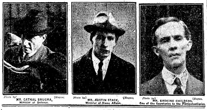 Photographs of Cathal Brugha, Austin Stack and Erskine Childers, published in the Weekly edition on January 7th, 1922
