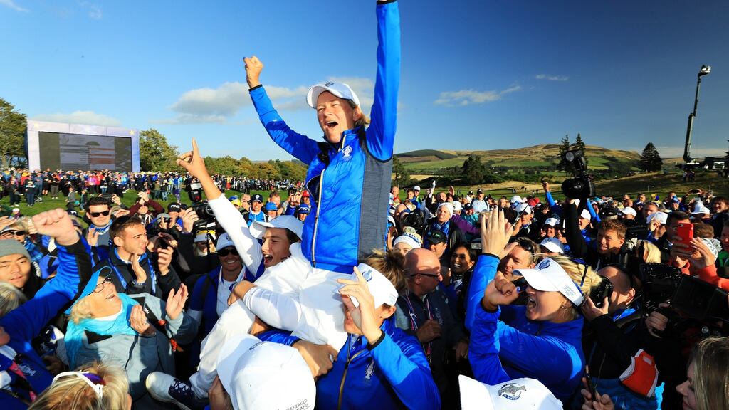 Europe captain Catriona Matthew is hoisted up by her players to celebrate her team’s win over the United States in te Solheim Cup at Gleneagles in September. Photograph: David Cannon/Getty Images