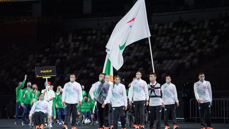 The Refugee Paraympics team, led by Abbas Karimi RPT and Alia Issa RPT, during the opening ceremony. Photograph: Joel Marklund/EPA