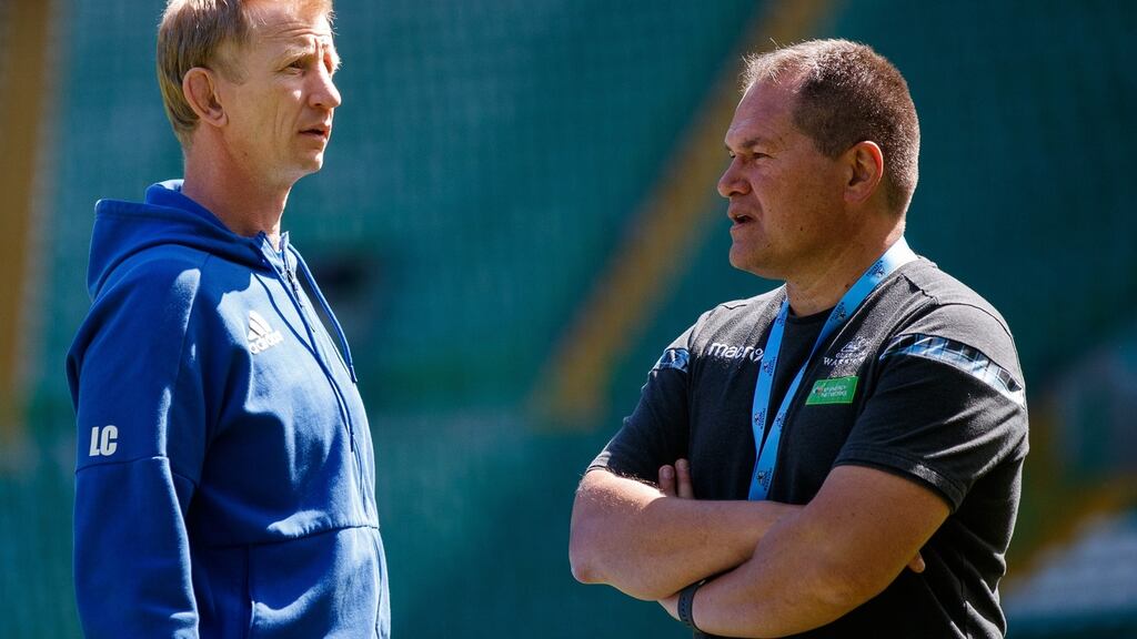 Leo Cullen with Glasgow head coach Dave Rennie at Celtic Park, Glasgow. Photograph: James Crombie/Inpho