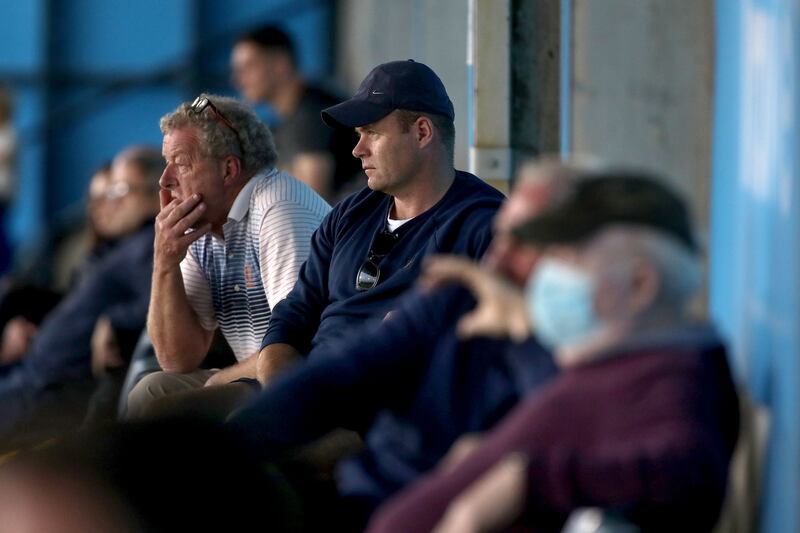 Dublin selector Shane O'Hanlon sits with manager Dessie Farrell at a club game in Parnell Park in 2020. Photograph: Bryan Keane/Inpho