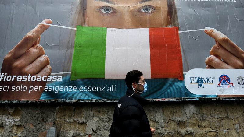 Billboard which says ‘All together, without fear’ in the streets of Naples on March 22nd, 2020. Photograph: Carlo Hermann/AFP/Getty Images.