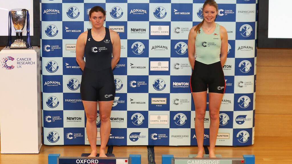 Rebecca Esselstein of Oxford (l) and Claire Lambe of Cambridge (r) are weighed in during the women’s crew announcement for the 2017 Cancer Research UK University Boat Races at Francis Crick Institute in London. Photo: Warren Little/Getty Images