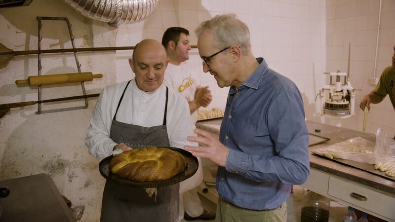 Rory O’ Connell with a local baker in Palma de Mallorca