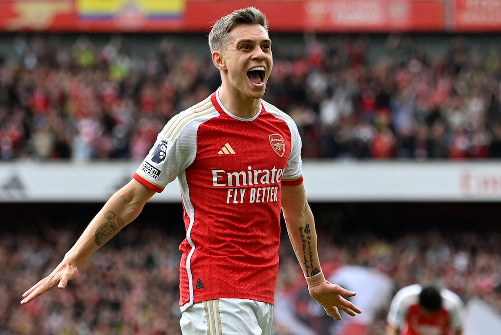 Arsenal's Leandro Trossard celebrates scoring the team's second goal. Photograph: Justin Tallis/AFP via Getty