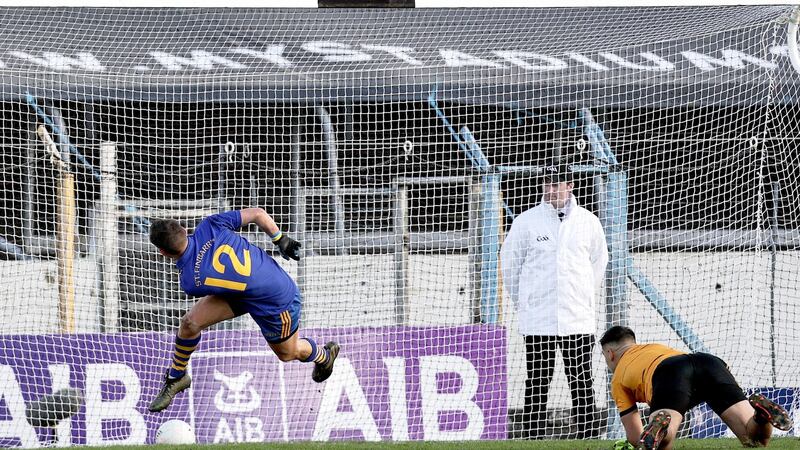 Enda Dennehy scores St Finbarr’s second goal their AIB Munster Club SFC Final win over Kerry’s Austin Stacks at Semple Stadium in Thurles. Photograph: Laszlo Geczo/Inpho