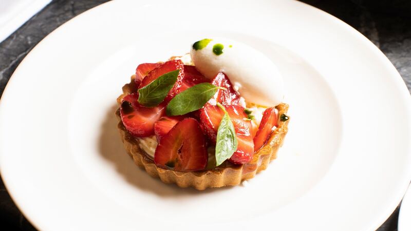 New season strawberry tart, yoghurt, elderflower