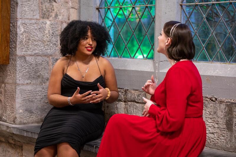 Frances Aketch (left) talking to fellow debater Bevin Armstrong from UCD Law Soc at the event. Photograph: John Allen/Provision