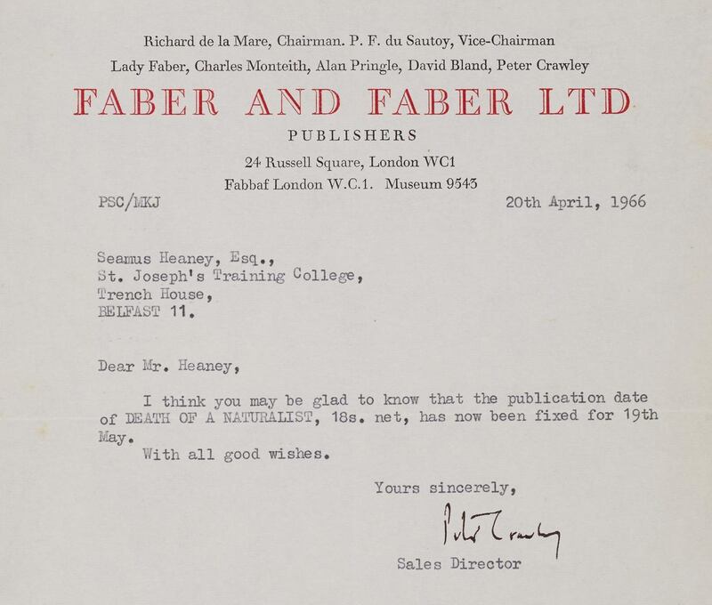 Seamus Heaney: a letter from Faber and Faber about the poet’s first major collection, Death of a Naturalist. Courtesy National Library of Ireland