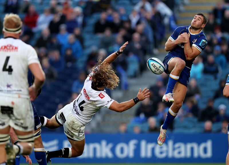 Jordan Larmour fails to hold on to the ball during Leinster's URC game against the Sharks at the RDS. Photograph: Bryan Keane/Inpho