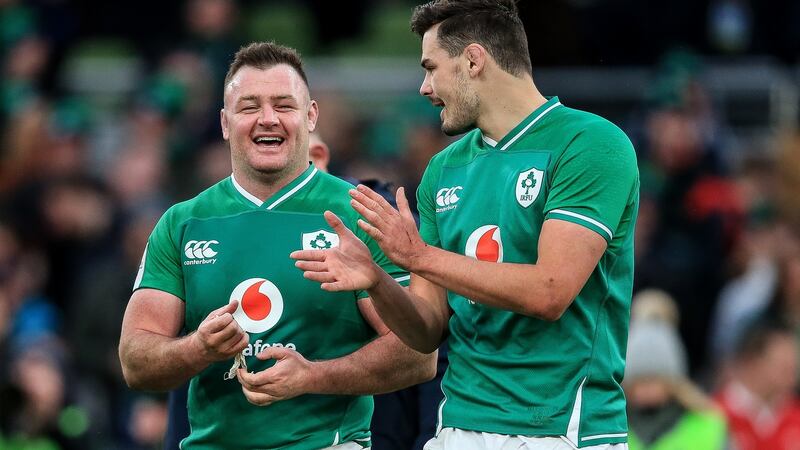 Ireland’s Dave Kilcoyne and Max Deegan celebrate after their 24-14 win over Wales in the Guinness Six Nations Championship Round 2 match at the Aviva Stadium, Dublin on Saturday. Photograph: Gary Carr/Inpho