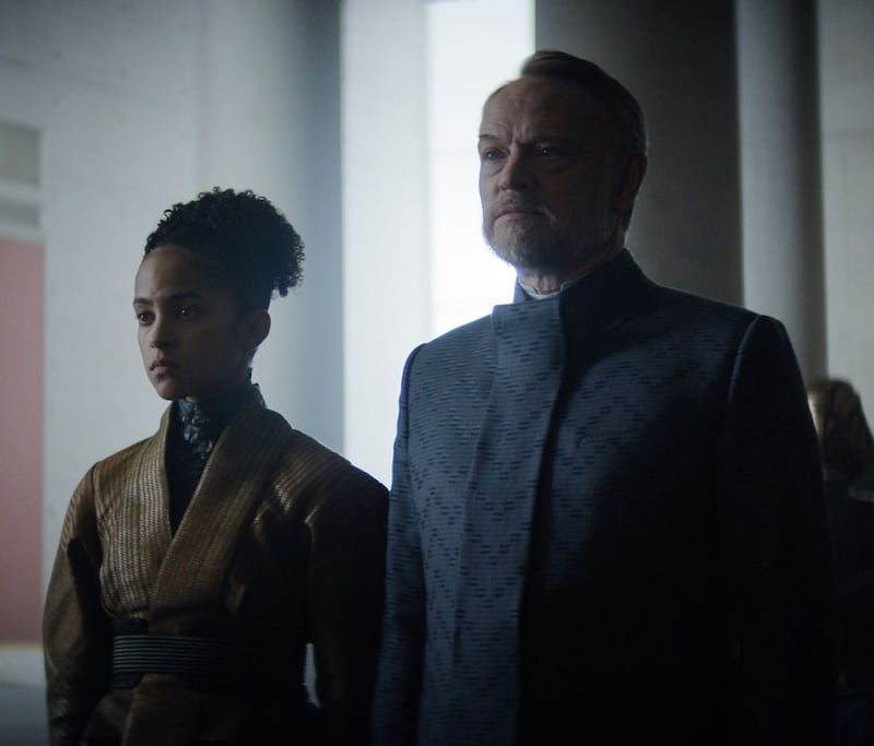 Jared Harris and Lou Llobell in Foundation