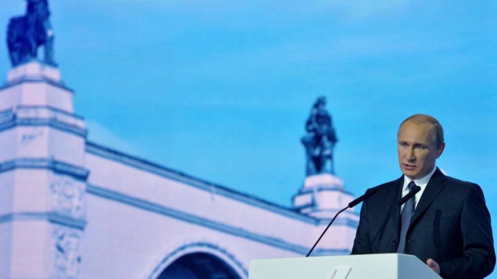 Russia’s president Vladimir Putin speaks during a meeting with his core support group, the People’s Front, in Moscow. Photograph: Alexei Druzhinin/Reuters