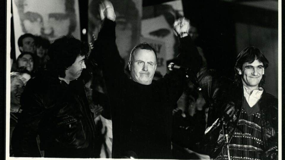 Christy Moore with Paul Hill and Gerry Conlon of the Guilford Four in the arts block