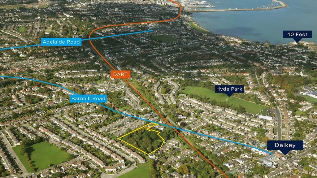 An aerial view of the Dalkey Manor site shows its close proximity to the affluent Dalkey village
