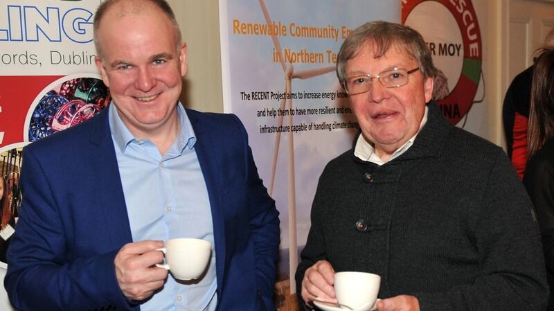 Hugh Bonner, Mara Media with salmon expert Dr Ken Whelan at the Moy Catchment Trust Expo evening at Mount Falcon Hotel. Photograph: John O’Connor