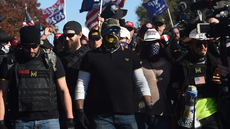 Members of the far-right Proud Boys group join supporters of then US president Donald Trump during a rally in Washington, DC, on November 14th, 2020. Photograph: Olivier Douliery/AFP via Getty Images