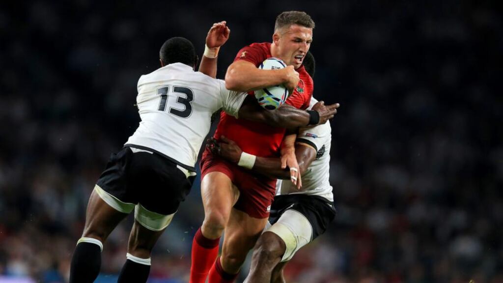 Sam Burgess and Brad Barritt look set to be named as England’s centre combination for Saturday’s vital World Cup clash with Wales at Twickenham with George Ford making way for Owen Farrell, if Jonathan Joseph is ruled out by injury. Photograph: Mike Egerton/PA