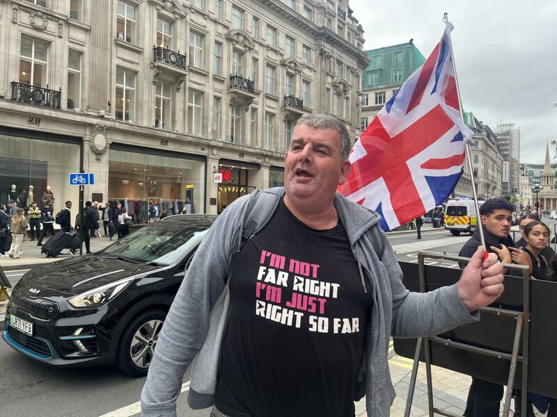 Counter-protester 'Maximus' waits for the left-wing anti-Trump March to reach Oxford Circus. Photograph: Mark Paul