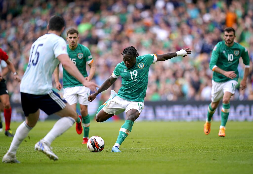Republic of Ireland's Michael Obafemi scores his side's third goal during the Nations League match against Scotland at the Aviva Stadium. Photograph: Niall Carson/PA Wire