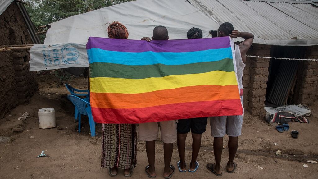 Ugandan LGBT+ refugees pose in Kakuma refugee camp, northwest Kenya, in October 2018. They fled their homes after the introduction of a strict anti-gay Bill. Photograph: Sally Hayden