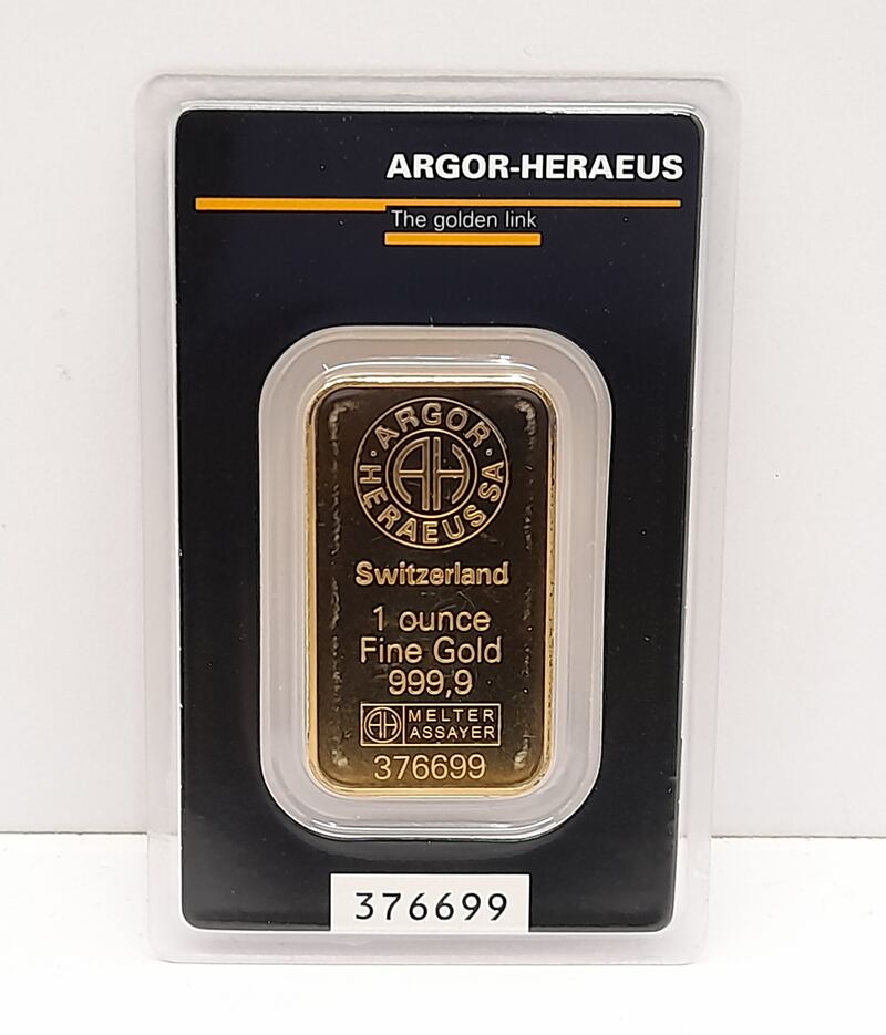 A one-ounce gold bar being auctioned by Wilsons Auctions on behalf of  the Criminal Assets Bureau