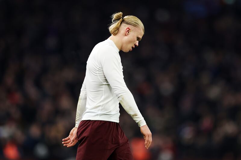 Erling Haaland of Manchester City looks dejected at full-time. Photograph: Catherine Ivill/Getty Images