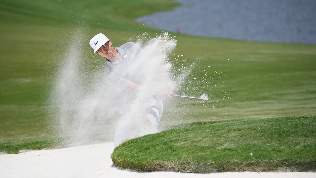 Thorbjorn Olesen of Denmark plays out of the bunker on the 16th hole during the first round of the US PGA Championship at Quail Hollow Golf Club in Charlotte, North Carolina. Photograph: Ross Kinnaird/Getty Images