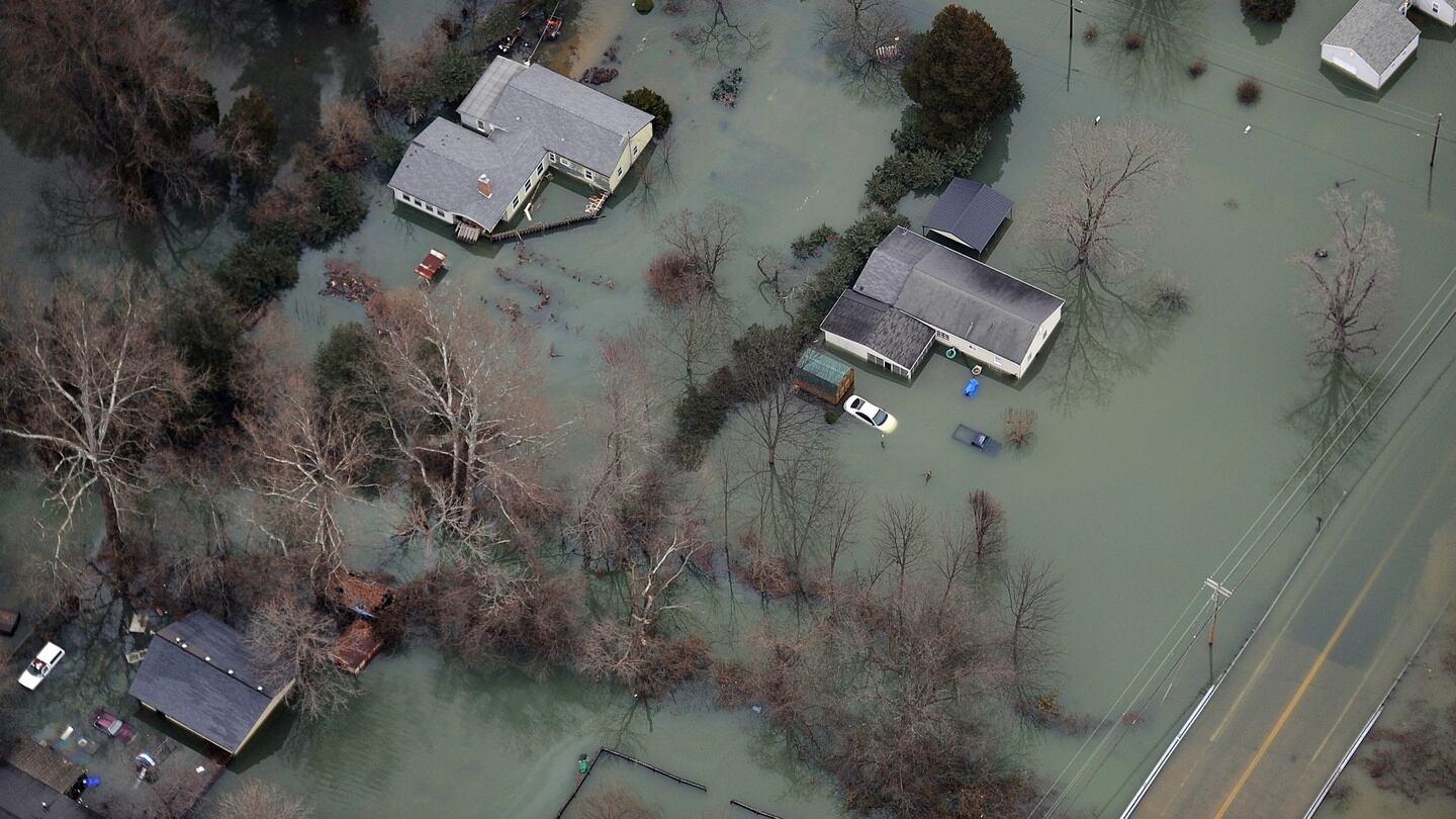 Houses are seen flooded by the Meremac River in Fenton, Missouri. The St Louis area and surrounding region are experiencing record flood crests. Photograph: Getty