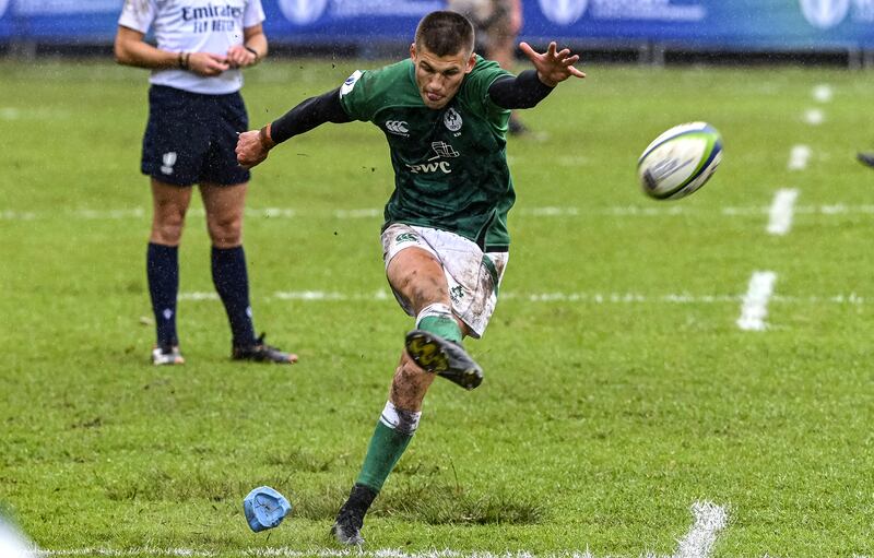 Sam Prendergast kicks a conversion. Photograph: Darren Stewart/Inpho
